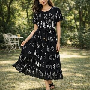 Boho Abstract‎ Figure Print Black White Rayon Midi Maxi Dress Size M